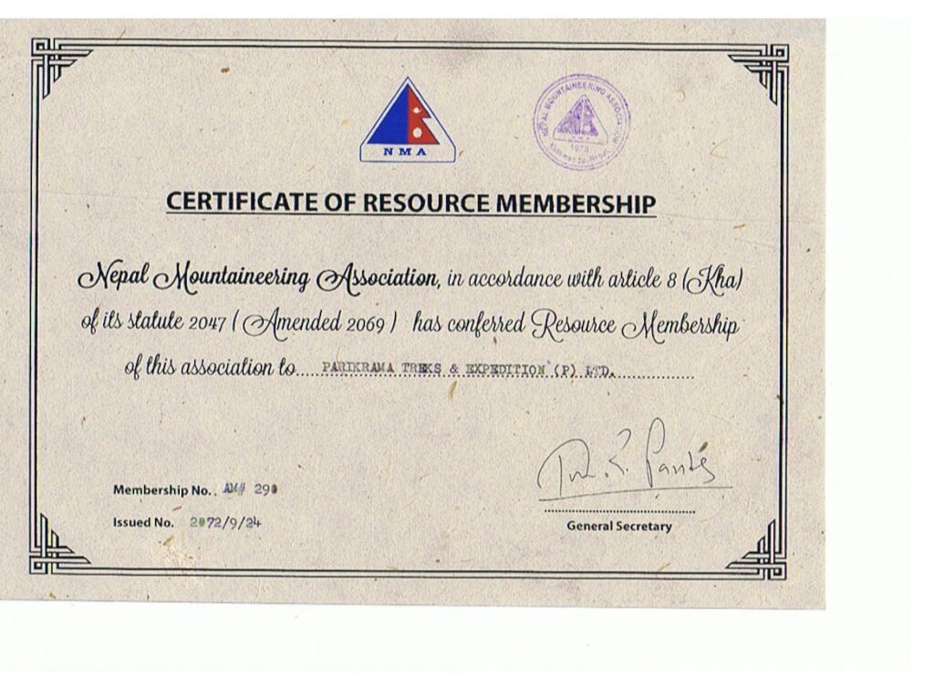Nepal Mountaineering Association license of Parikrama Treks